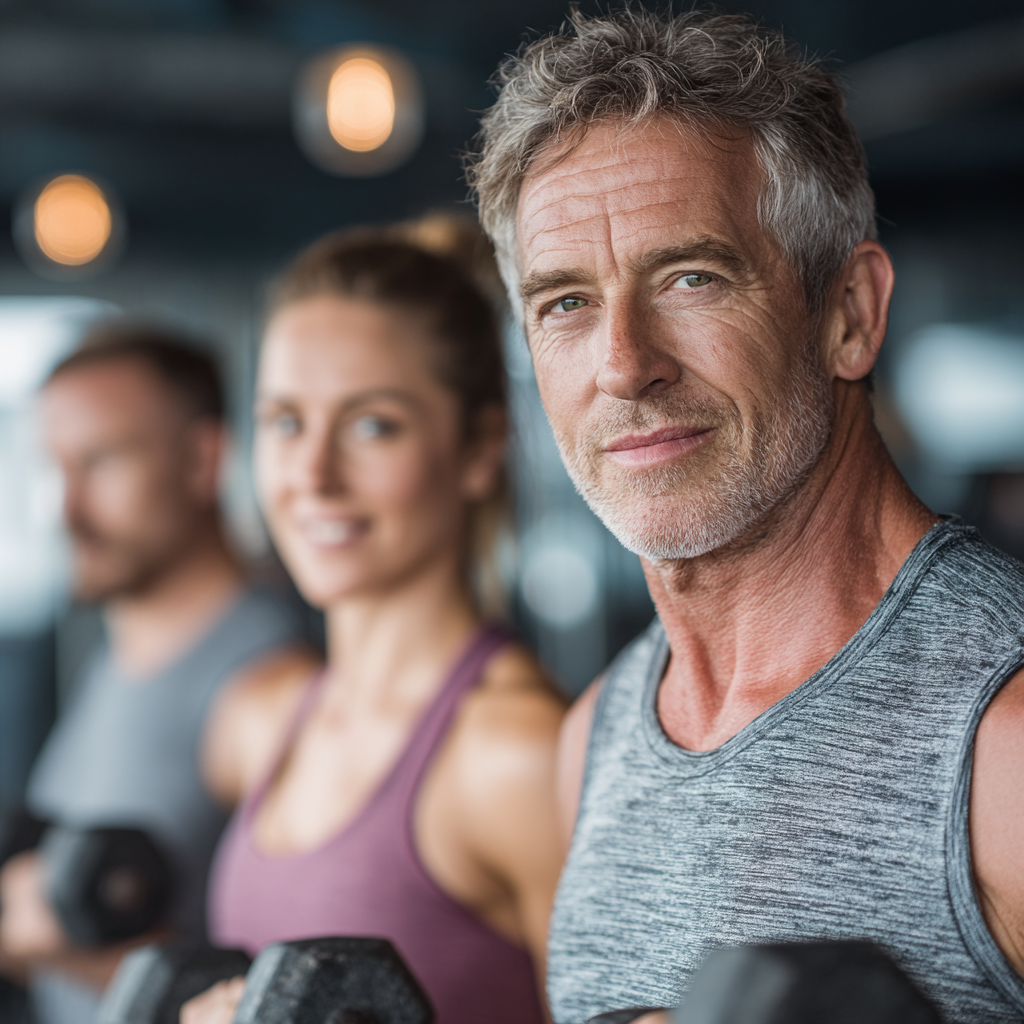 Group of middle-aged adults aged 40-55 exercising together in a modern fitness studio, showing determination and motivation during a strength training session
