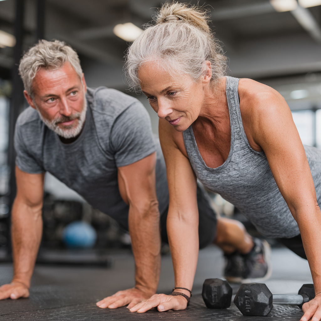 Mature fitness enthusiast in their 50s following a personalized workout routine, demonstrating proper exercise form with guidance from a professional trainer