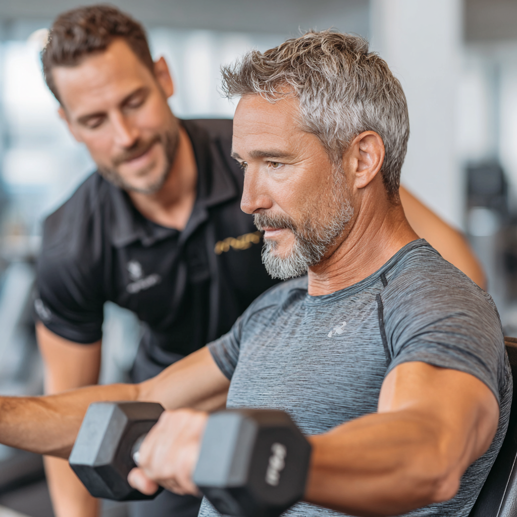 Professional fitness trainer working one-on-one with a 45-year-old client in a private training session, focusing on proper form and technique